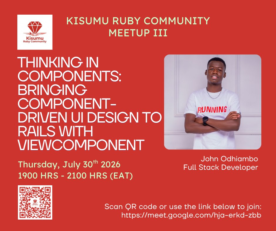 KisumuRuby's tweet photo. Building with Ruby? Curious about Rails? Or looking to connect with fellow developers?

Join us for another community meetup as we discuss about building startup MVPs with Rails and component-driven UI with ViewComponent

📅: July 30
🕖: 7 PM EAT
🔗: https://t.co/INJS1mrROh https://t.co/8UKLvSz8UW