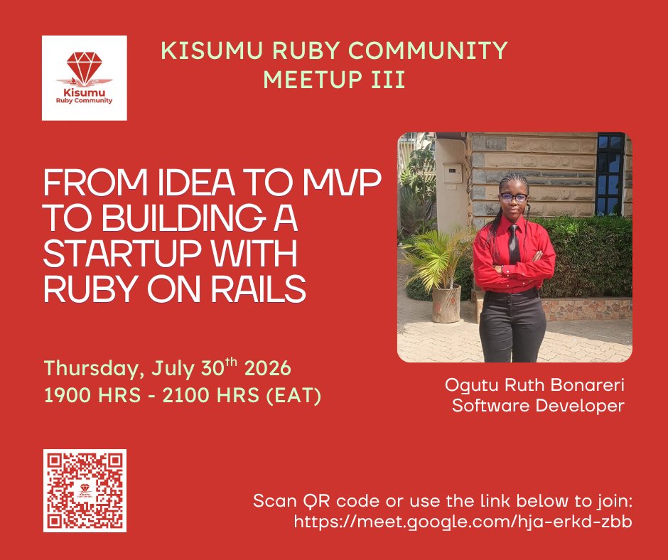 KisumuRuby's tweet photo. Building with Ruby? Curious about Rails? Or looking to connect with fellow developers?

Join us for another community meetup as we discuss about building startup MVPs with Rails and component-driven UI with ViewComponent

📅: July 30
🕖: 7 PM EAT
🔗: https://t.co/INJS1mrROh https://t.co/8UKLvSz8UW