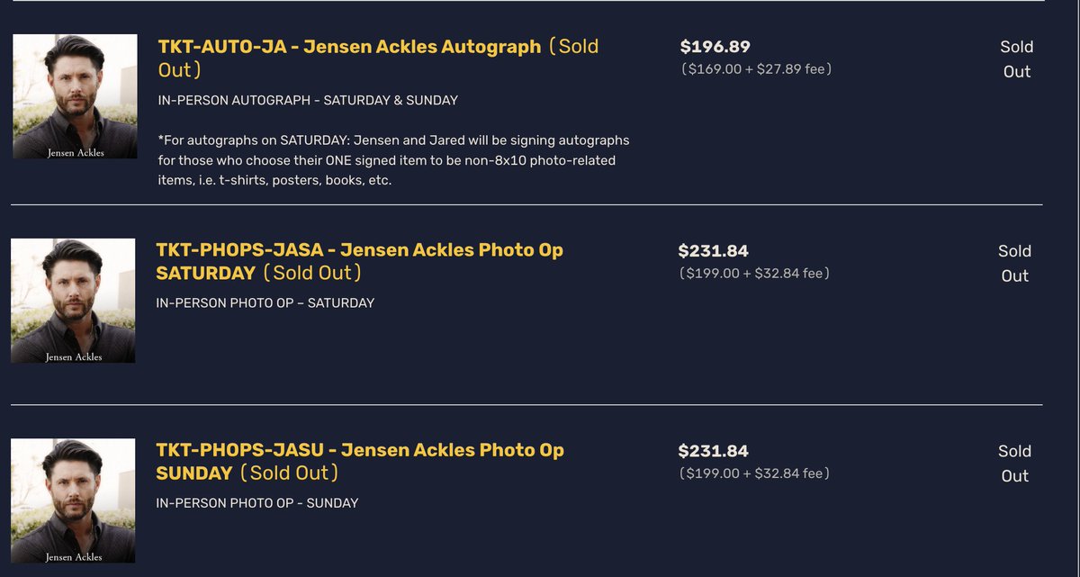 city_willow's tweet photo. Jensen's autographs and solo photops for
#SPNNJ, #SPNOrlando, #SPNNC, #SPNOH, #SPNAustin are sold out.
#AcklesNation https://t.co/BxEDgtREaN