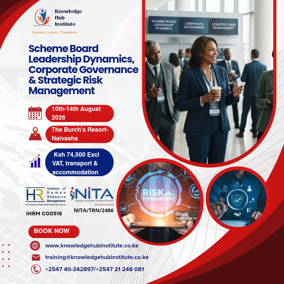Knowledge_HubIn's tweet photo. Strong boards train for it. 💼

Scheme Board Leadership Dynamics, Corporate Governance &amp; Strategic Risk Management: a 5-day executive programme.

📅 10th to 14th Aug 2026
📍 The Burch's Resort, Naivasha
💰 Ksh 74,500 (Excl. VAT, transport &amp; accommodation)
🔥 Book: +254 740 342897 https://t.co/bZmJ1xmjGu
