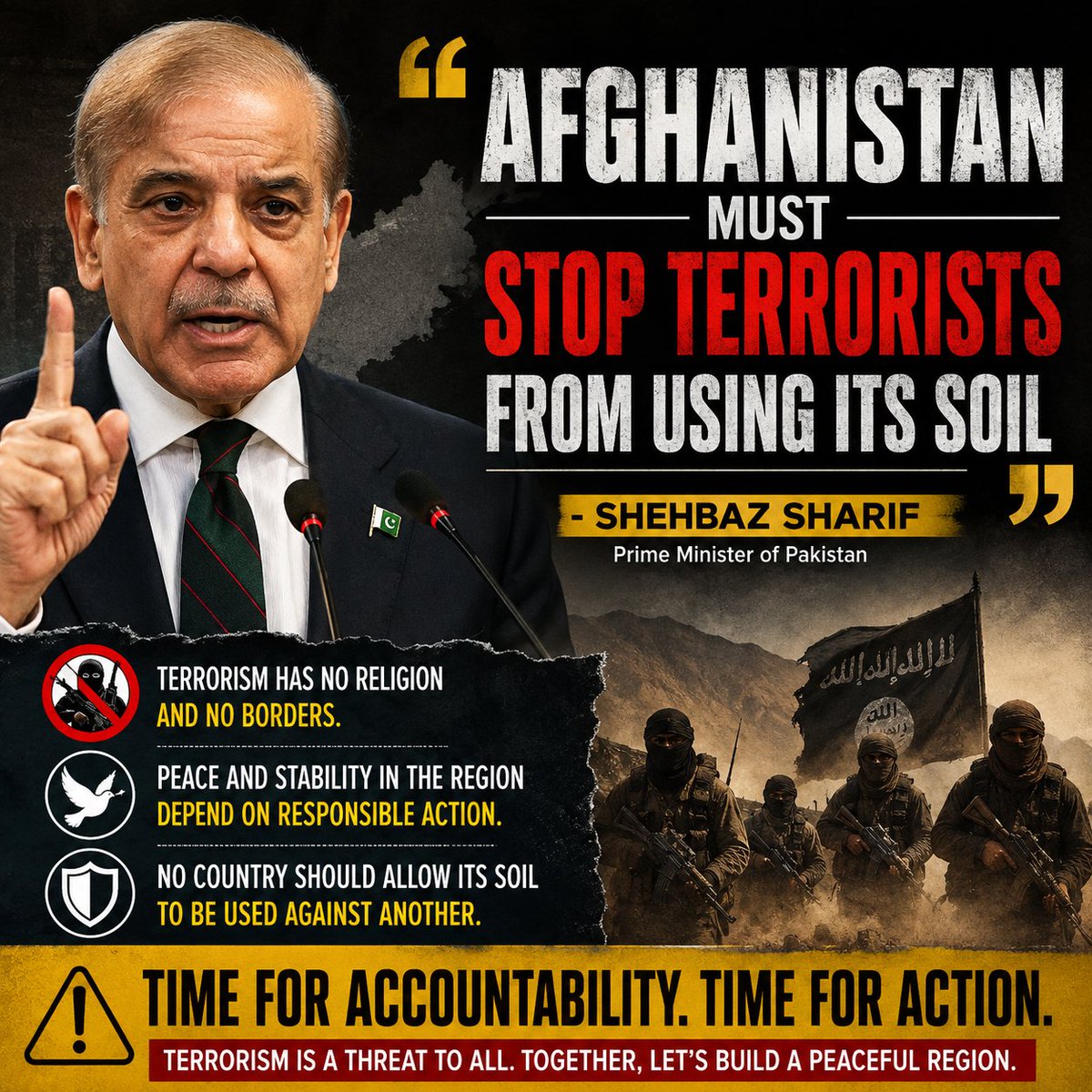 ShaitaanSi48130's tweet photo. Afghanistan must stop terrorists from using its soil." #ShehbazSharif
For decades, India has made a similar appeal to Pakistan, urging it to ensure its territory is not used for cross-border terrorism.
#Endofpakistan #Tejran https://t.co/QjyX4j2eCS