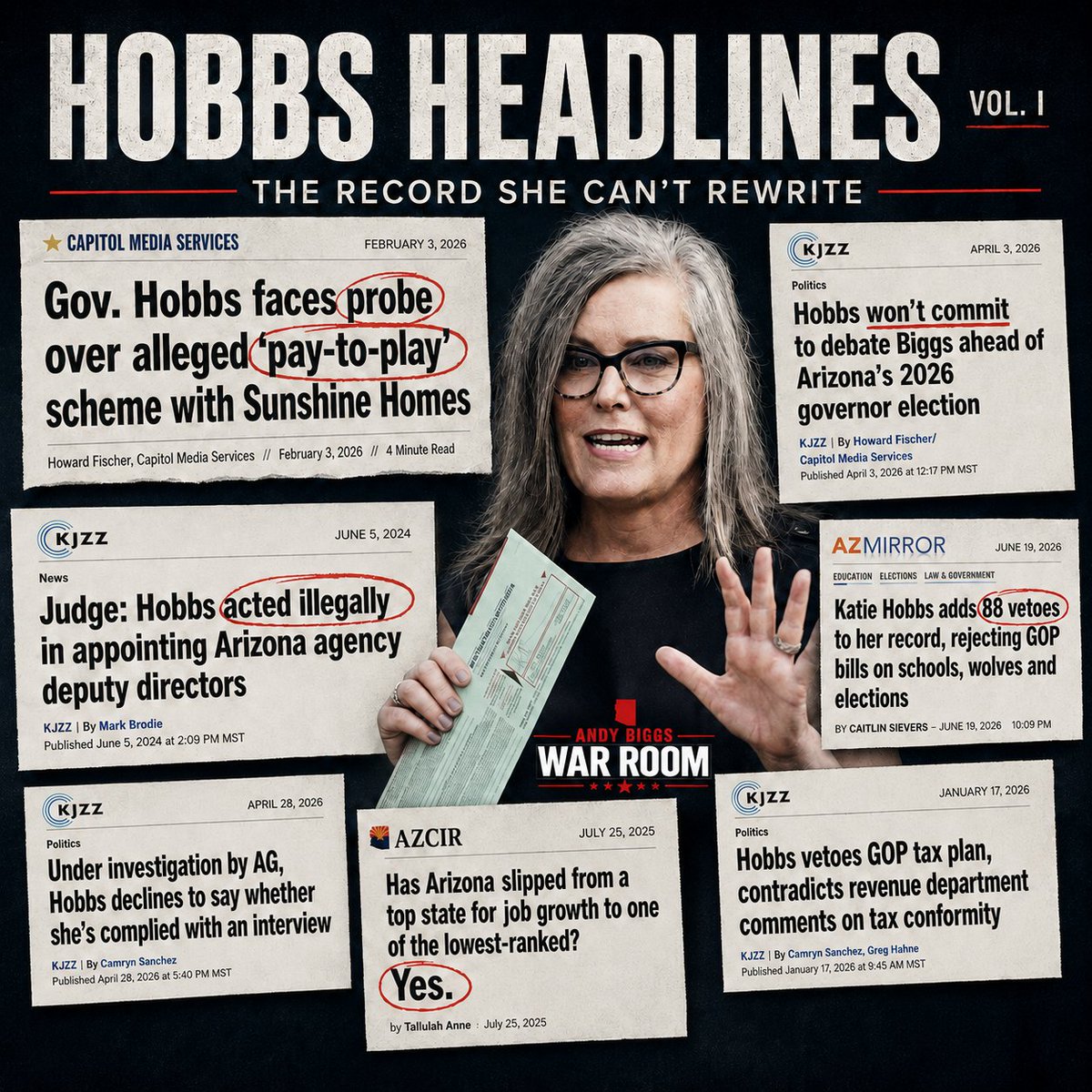 BiggsWarRoom's tweet photo. She can avoid the debate.
She can spend millions trying to rewrite her record.
But she cannot outrun the headlines.

Introducing HOBBS HEADLINES: the record she can’t rewrite.

@andybiggs4az for Governor