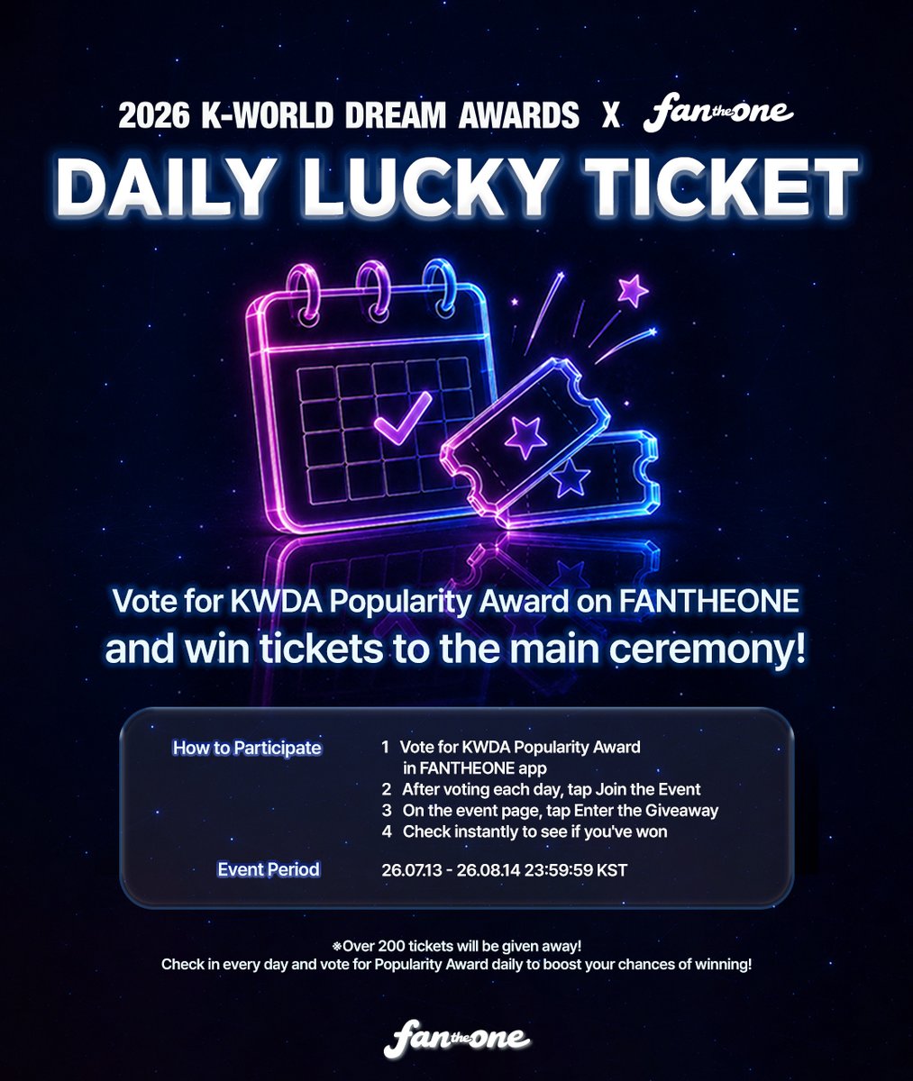 FANTHEONE_offcl's tweet photo. 200+ KWDA tickets are waiting for you! 🎟️
Vote every day, check if you're a winner,
and go support your favorite artist! 🏃🏻