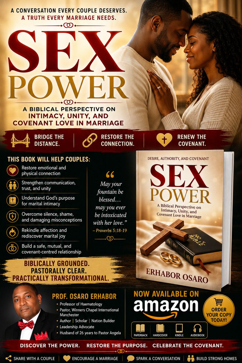 n_osaro's tweet photo. Title: The Biblical Marriage Conversation Every Couple Deserves
Original Caption: 🔥 CAN LOVE STILL BE PRESENT WHILE INTIMACY, COMMUNICATION, AND CONNECTION ARE SLOWLY DISAPPEARING?
Many couples genuinely love one another and remain committed to their marriage, yet quietly struggle with emotional distance, unmet needs, misunderstanding, silence, shame, and loss of intimacy.
My new book, SEX POWER: A Biblical Perspective on Intimacy, Unity, and Covenant Love in Marriage, addresses these realities with honesty, compassion, pastoral sensitivity, and scriptural authority.
This is not merely a book about sex. It is a book about covenant, communication, trust, healing, unity, mutual understanding, and restoring God’s purpose within marriage.
It invites couples to move beyond performance and obligation into a deeper expression of love where intimacy becomes safe, mutual, joyful, respectful, and life-giving.
Whether you are newly married, preparing for marriage, seeking renewed connection, supporting couples as a pastor or counsellor, or simply desiring a stronger Christian home, this book was written for you.
📖 Now available on Amazon:
 https://t.co/V1xN2oibVL
Please order your copy and share this post with a couple, pastor, counsellor, or church leader who needs this important conversation.
🙏 Discover the Power. Restore the Purpose. Celebrate the Covenant.
Description
SEX POWER is a bold and biblically grounded guide to understanding sexual intimacy as a sacred expression of unity and covenant love within Christian marriage. It addresses emotional distance, sexless marriage, communication breakdown, misunderstanding of desire, silence, shame, and cultural distortion while providing practical pathways towards healing, renewed trust, deeper connection, and marital restoration.
Hashtags
#SexPower #ChristianMarriage #BiblicalIntimacy #CovenantLove #RestoreConnection #MarriageRestoration #MarriageGodsWay #HealthyMarriage #SacredIntimacy #EmotionalIntimacy #ChristianCouples #CommunicationInMarriage #MarriageCounselling #MarriageMinistry #FaithAndMarriage #KingdomMarriage #ChristianBooks #AmazonBooks #BookRecommendation #ProfOsaroErhabor #ErhaborOsaro
Pinned Comment
📌 A strong marriage requires more than remaining together—it requires communication, trust, affection, understanding, and meaningful connection.
SEX POWER was written to help couples replace silence with honest conversation, confusion with biblical clarity, emotional distance with renewed intimacy, and shame with healing.
📖 Order your copy here:
 https://t.co/V1xN2oibVL
Please tag or share this post with one couple, pastor, marriage counsellor, or church leader who would benefit from this message.
What aspect of marital intimacy should the Church address more openly, biblically, and compassionately?