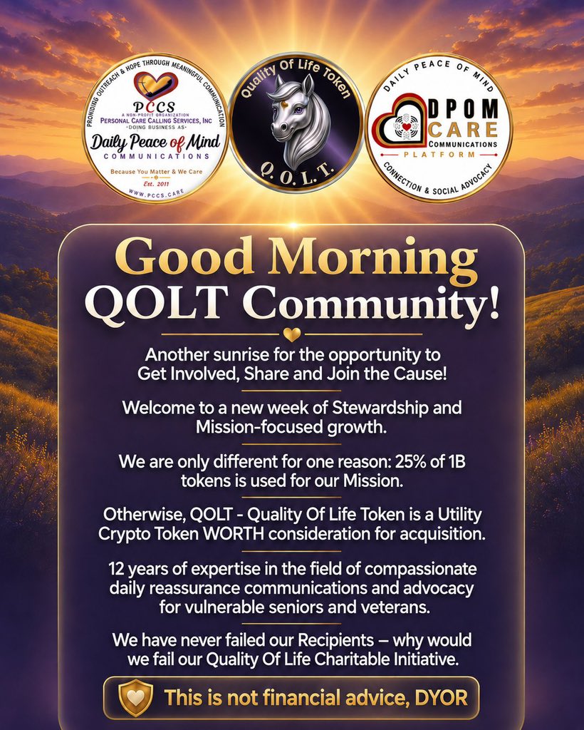 DefiDoll001's tweet photo. Good morning CT another day to let you know that not every crypto project is built around hype. Some are built around purpose.
Stay with me😚

$QOLT is one of the few projects using blockchain technology to support something meaningful—helping seniors, veterans, and adults with disabilities through a transparent charitable initiative.

It’s refreshing to see a project where the mission came before the token, proving that Web3 can create real-world impact beyond speculation.

If you’re curious about what they’re building and the vision behind it, take a look:
https://t.co/oYAbGAnyEX

Compassion meets crypto