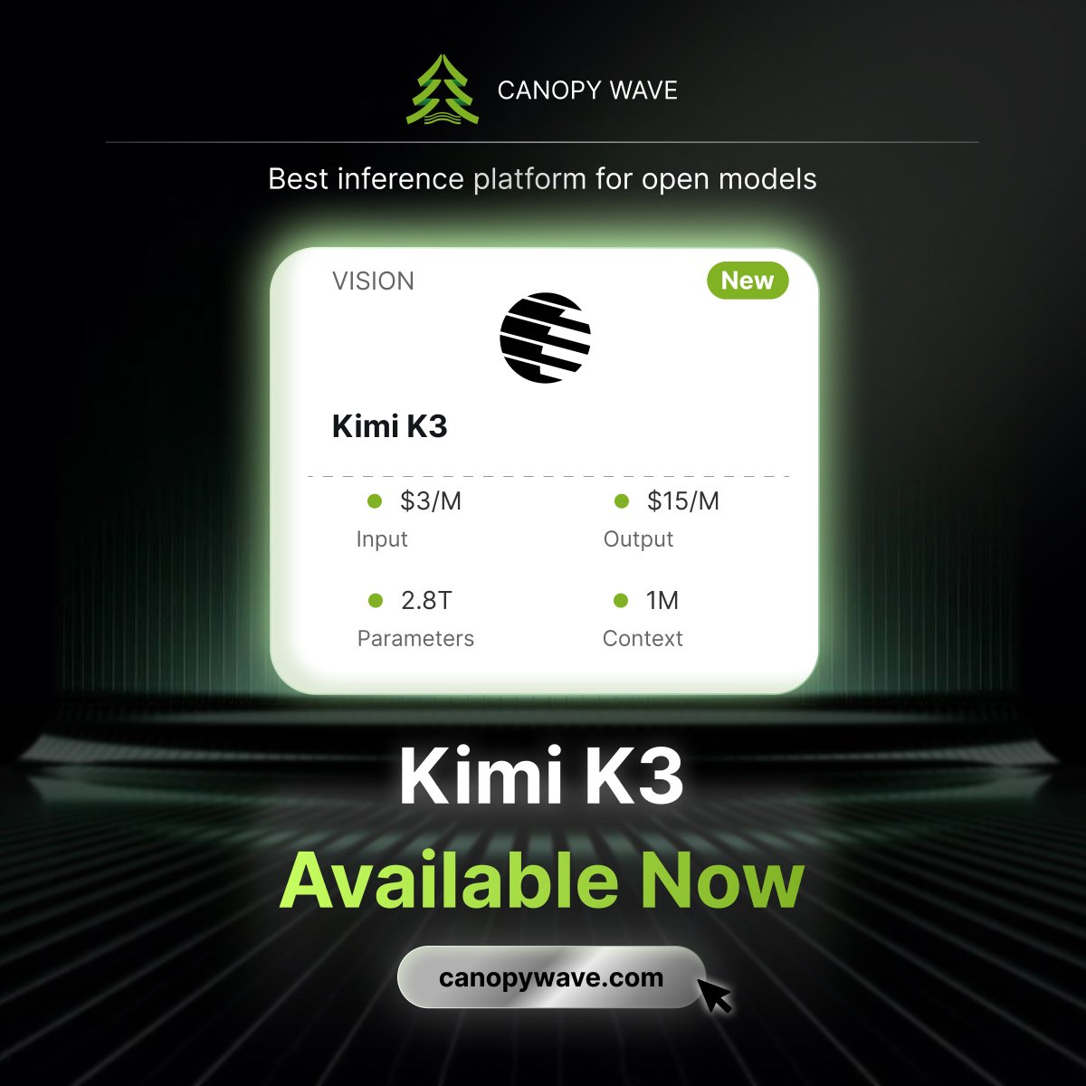 CanopyWave_AI's tweet photo. Day 0 with Kimi K3 on Canopy Wave.

Built for long-horizon coding and agentic workflows, Kimi K3 can navigate large codebases and execute complex, multi-step tasks with minimal human intervention.

Kimi K3 is now available on Canopy Wave for developers and enterprises building production-ready AI applications.

Explore Kimi K3 on Canopy Wave.👇