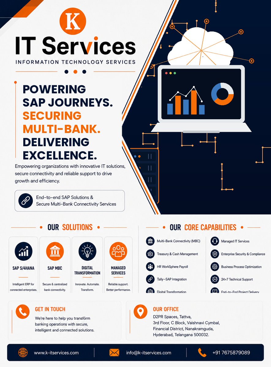 KITSERVICESS's tweet photo. Helping businesses streamline operations, secure banking integrations, and drive growth with reliable enterprise IT solutions.🌐 https://t.co/UyU8LuIXGs#SAP #SAPS4HANA #DigitalTransformation #ERP #ITServices #KITServices https://t.co/f1Nm5WiICj