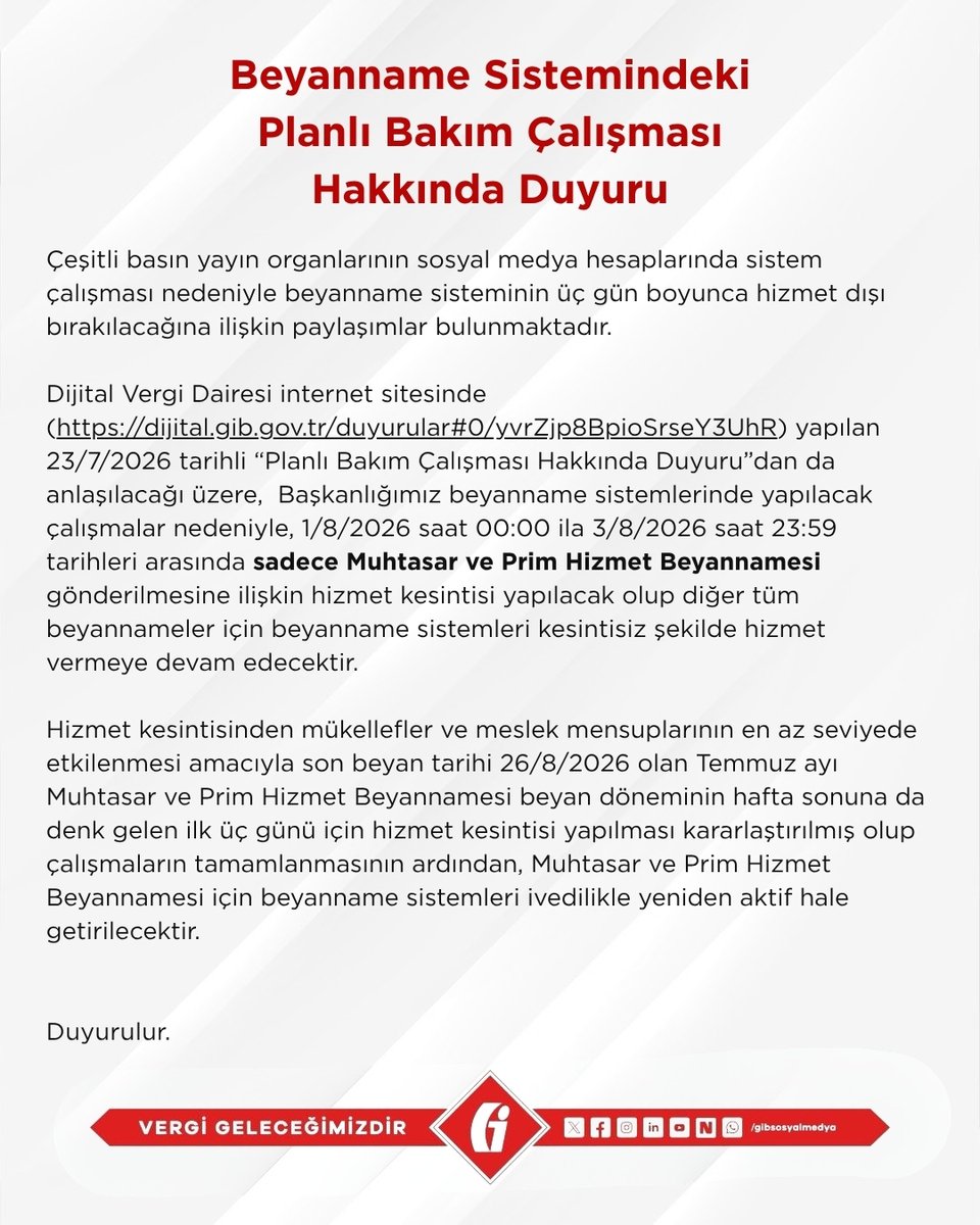 gibsosyalmedya's tweet photo. 📢 “Beyanname Sistemindeki Planlı Bakım Çalışması Hakkında Duyuru”ya sitemizden ulaşabilirsiniz.

https://t.co/9Jr9fNszwb

#GİB #VergiGeleceğimizdir https://t.co/mERtkDIwzL