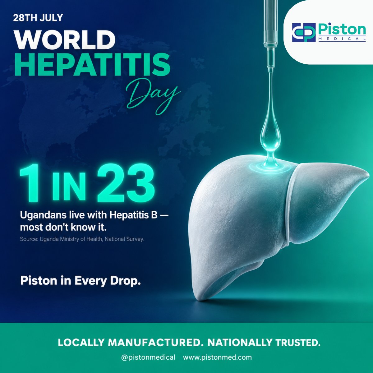 PistonMedical's tweet photo. 1 in 23 Ugandans live with Hepatitis B. Most don't know it.
Get tested. Know your status.
Piston in Every Drop. 💧
#WorldHepatitisDay https://t.co/ugJwHgvgKd