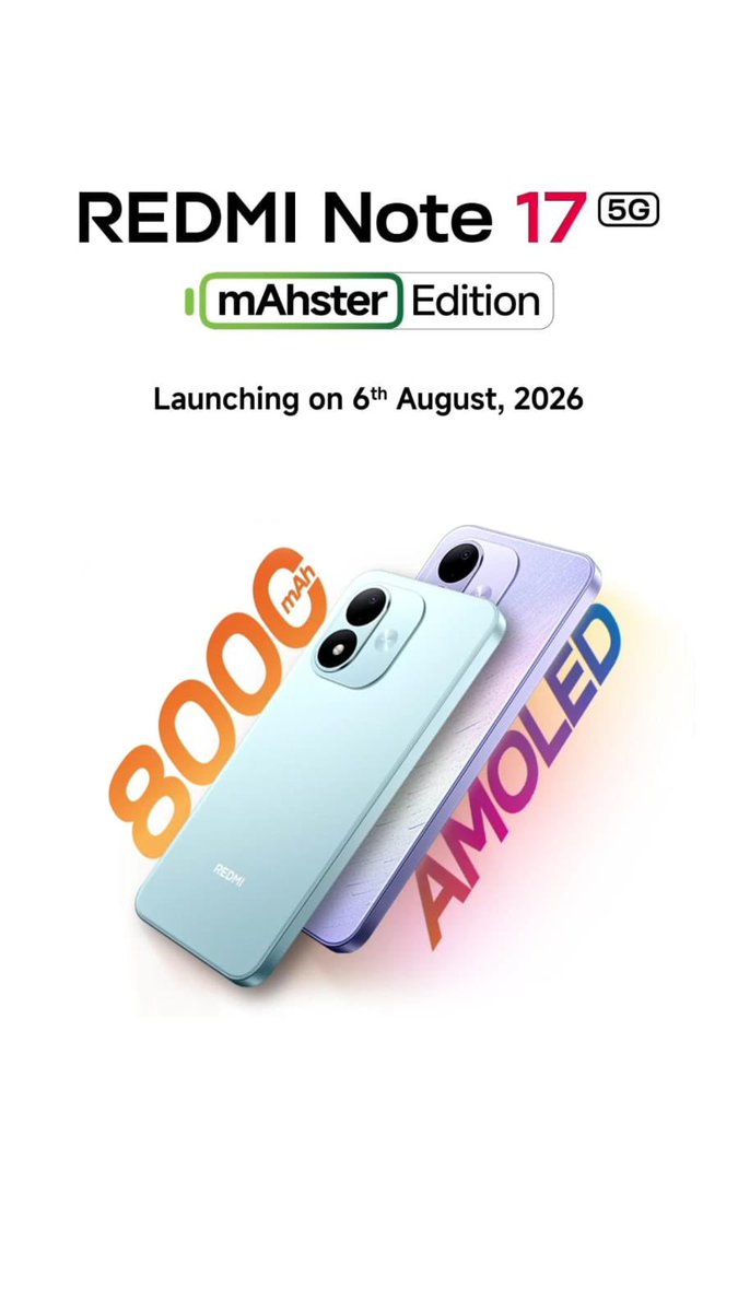 stufflistings's tweet photo. Redmi Note 17 5G launching on August 6th in India. https://t.co/l8aLpi1U0Q