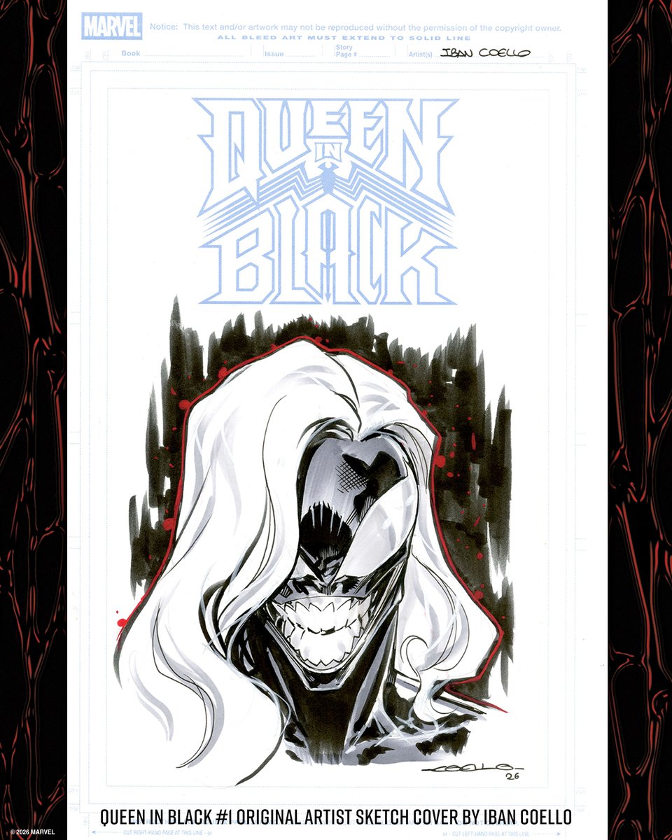 MarvelComicsHQ's tweet photo. These sketch covers are hotter than Hel! 🧵⬇️

Look for ultra-rare artist sketch covers by Iban Coello, Alex Saviuk, Ryan Stegman, Mark Bagley, Chip Zdarsky, Benjamin Su, Chris Campana, Enid Balam, Jim Rugg, Justin Mason, Mike Henderson, Ron Lim, and Scott Koblish in ‘Queen in Black’ #1 True Believers Blind Bags, available at your local comic shop this Wednesday. Plus, exclusive variant covers not available for individual purchase will be available inside every True Believers Blind Bag.