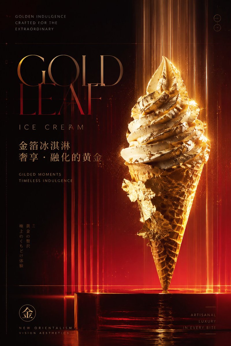xiaoxiaodong01's tweet photo. GPT2 x 质感 x 玻璃 x 美学提示词 x ppt x 海报

本来是想展示这两个提示词的ppt效果
想了想，来先来做个冰激凌海报

适配度很好！
而且就一句话：金箔冰激凌海报
开心

今天一看自己，这四个月做了1.8万套提示词了
成员提示词库中，我也将精选一轮
争取个个精品

花点时间，平常心，继续前进。