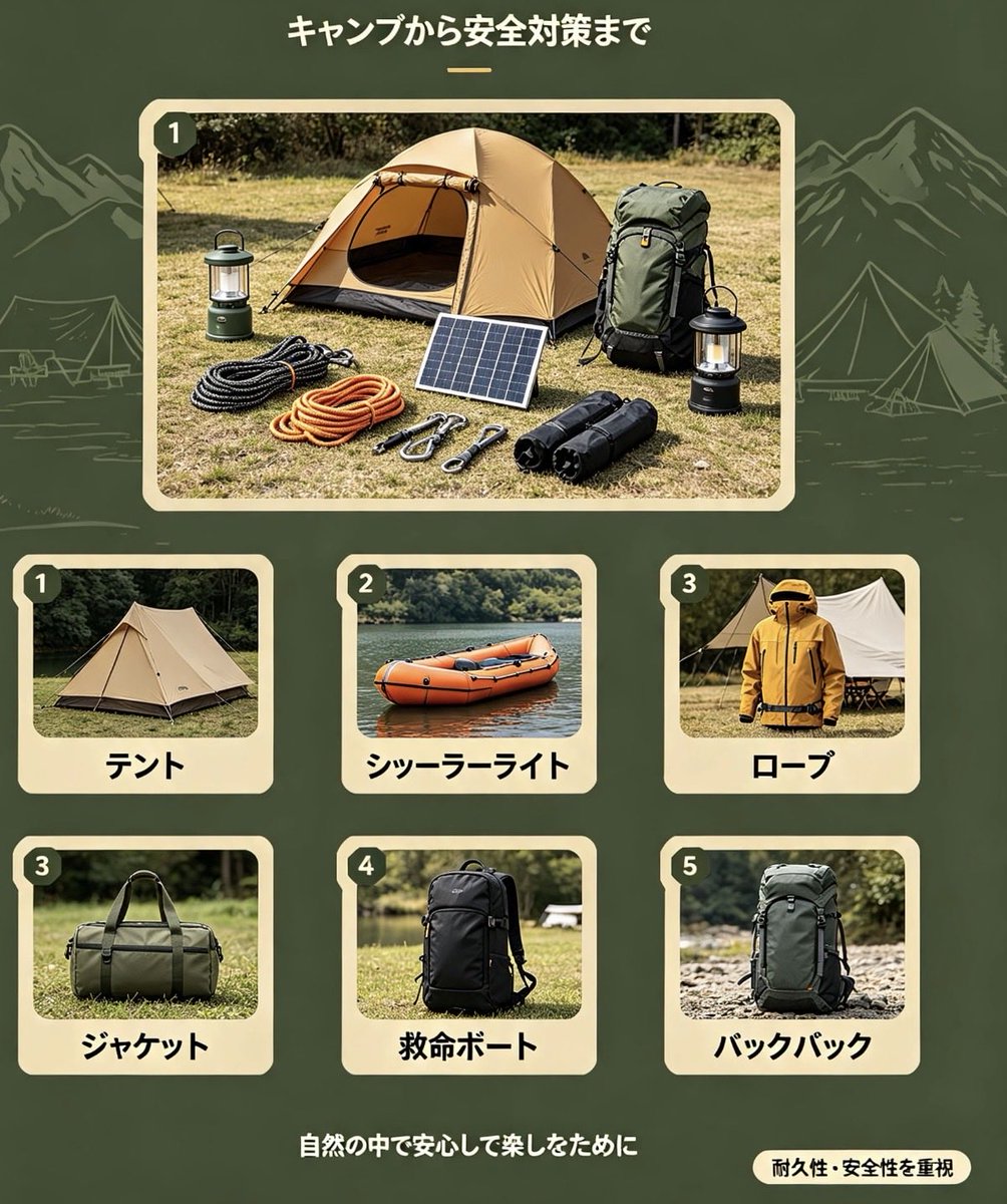 elifgencay's tweet photo. 自然の中で過ごすときは、準備が何より大切です。
用途や季節に合わせて、耐久性と安全性を重視した装備を選びましょう。

#アウトドア #キャンプ #登山 #防災グッズ #アウトドア装備 #キャンプ用品 https://t.co/hSfkuopIgQ