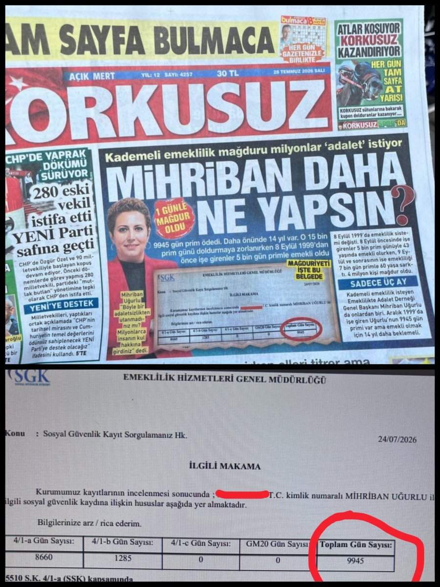 Gozde_celik9's tweet photo. ARTIK YETER❗

MİHRİBAN DAHA NE YAPSIN❓

10.000 gün prim ödemiş…
Emekliliğine hâlâ 14 yıl var❗

Bu ülkede birileri 5.000 günle 43 yaşında emekli oldu.

Diğerleri ise iki kat prim ödeyip, yıllarca daha çalışmaya mahkûm edildi.

DUYUYOR MUSUN ADALET❓
DUYUYOR MUSUN SİYASET❓

Bir günün bedeli, bir insanın ömründen 14-20 yıl olamaz❗

#KademeliEmeklilik artık bir tercih değil, adalet meselesidir.

@EmadDernegi
#KademeSusmayacak