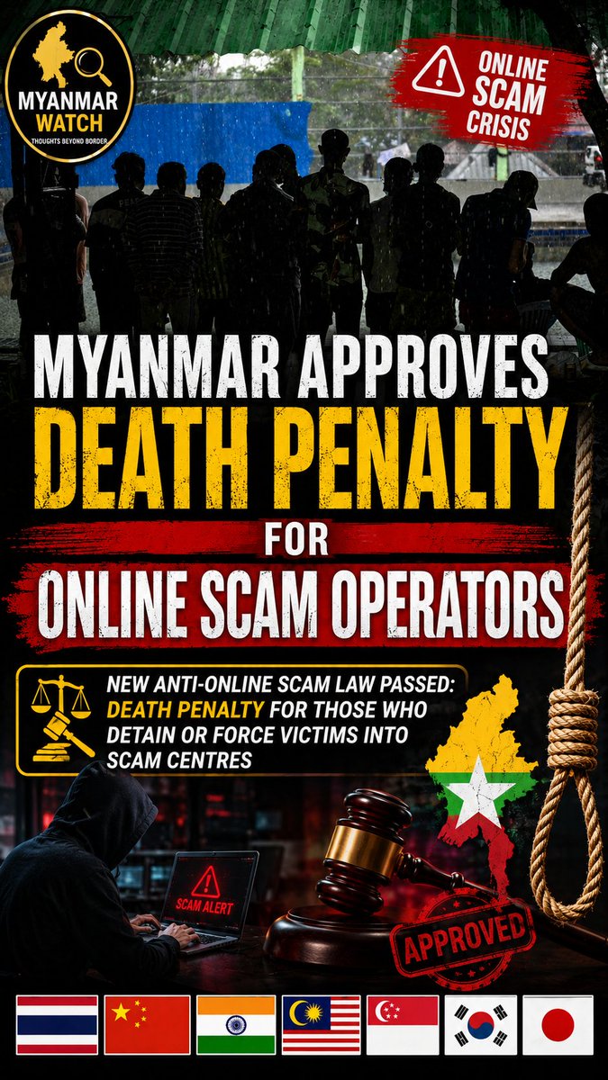 Myanmar_Watch12's tweet photo. 🚨Myanmar has approved a law allowing the death penalty for those who detain or force victims into online scam centres.A major escalation in the fight against transnational cybercrime. #Myanmar #OnlineScam #CyberCrime #BreakingNews #Asia #HumanTrafficking #WhatsHappeningInMyanmar https://t.co/IEIM5PmXkC