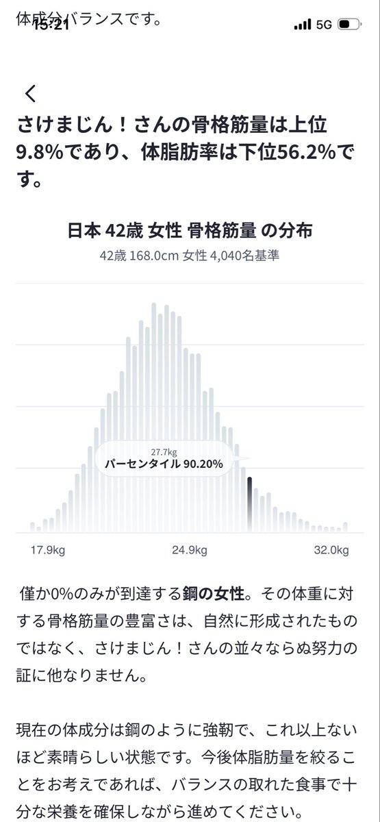 sagayuko's tweet photo. 筋トレにハマりたくてですね、体重計を奮発したんですよ。筋肉量を実測に近いタイプで計りたくて。
で、体重計のアプリで見たら、この結果。
やっぱり完全体だった。戦闘力的に。
いや、筋肉ないよりはいいけど、筋トレの伸びシロ。。。 https://t.co/vENZGy5goi