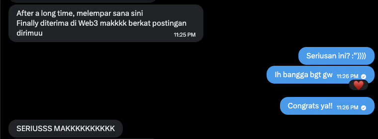 angelbeast's tweet photo. Semalem dapet DM kayak gini lagi. 
TEMBUS KERJA WEB3 JOB GAJI DOLLAR!

Ada satu orang yang hampir selalu muncul di postinganku. 

Aktif bertanya dan rajin apply setiap ada lowongan remote & web3.

Dia nggak menyerah. Dia terus belajar dan berusaha.

Akhirnya, dia berhasil lolos di salah satu Web3 job yang pernah aku posting.

Jujur, aku bangga banget. Selama ini aku selalu berusaha membagikan ilmu dan pengalaman yang aku punya secara gratis. Rasanya senang banget ketika apa yang aku bagikan ternyata bisa membantu seseorang mendapatkan kesempatan kerja.

Semoga aku bisa terus konsisten seperti ini, ya. Terima kasih juga untuk semua teman-teman yang selalu mendukung.

Mohon maaf kalau masih ada DM atau pertanyaan yang terlewat dan belum sempet aku balas.