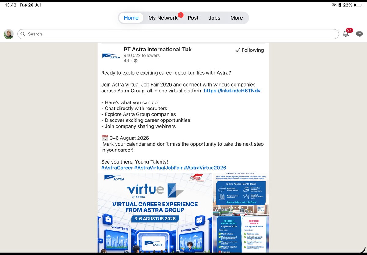 happenfed's tweet photo. Tgl 3-6 Agustus ada virtual job fair ya guys
Jangan lupa daftar dan ikutan virtual job fair ini yaaa

Siapa tau berjodoh :)
ASTRA MANTEB BGT WOY https://t.co/Mks8aCTldL