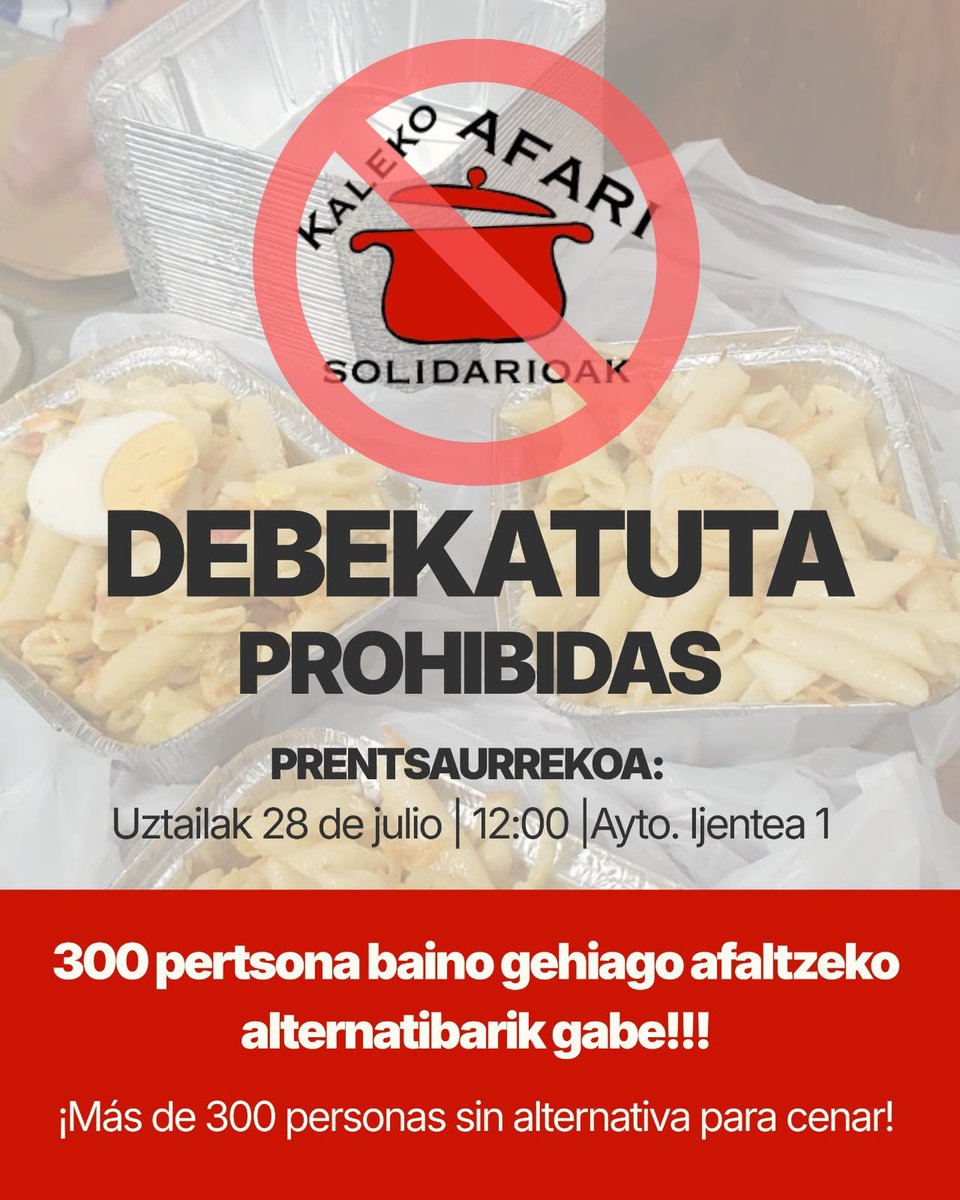 Gipuzkoa_Jardun's tweet photo. 🚨ADI🚨

DONOSTIAKO UDALAK AFARIA SOLIDARIOAK DEBEKATU DITU!

Donostiako udaletik turistei alfonbra gorria jartzen dieten bitartean, langile klaseko estratu zaurgarrienari jateko eskubidea debekatzen diete

TURISTIFIKAZIO BASATIA GELDITU! https://t.co/m3hOemX4lG