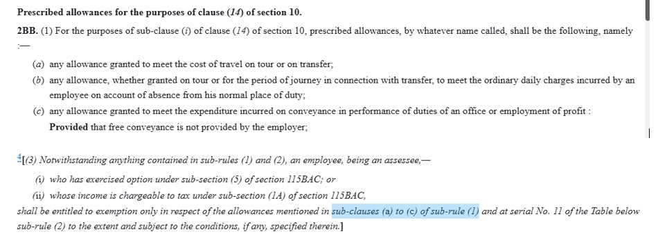 KushalGarg03's tweet photo. 🚨 Planning to claim Section 10(14)(i) exemption in the New Tax Regime? Read this before filing your ITR.

⚠️ There is a growing trend of taxpayers trying to claim exemptions under Section 10(14)(i) while filing returns under the New Tax Regime (Section 115BAC).

📖 However, Rule 2BB(3) of the Income-tax Rules clearly restricts the exemptions available under the new regime.

✅ Only these 3 allowances continue to be exempt:

✈️ Travelling Allowance (for official tour/transfer)

🧳 Daily Allowance (while on official duty away from the normal place of work)

🚗 Conveyance Allowance (for official duties where transport is not provided by the employer)

❌ Most other allowances are NOT exempt, including:

• 🎓 Children's Education Allowance

• 🏠 Hostel Expenditure Allowance

• 👔 Uniform Allowance

• 👨‍💼 Helper Allowance

• 📦 And several other allowances covered under Section 10(14)(i).

🤖 With the Income-tax Department relying increasingly on automated validations and analytics, incorrect exemption claims may result in:

🔸 Refund adjustments

🔸 CPC communications/notices

🔸 Scrutiny or verification of salary claims

💡 Just because your payroll software or ITR utility allows an entry doesn't mean the exemption is legally available.

📌 This filing season, expect authorities to closely examine incorrect claims made under Section 10(14)(i) by taxpayers opting for the New Tax Regime.

✅ A few extra minutes spent verifying exemptions today can save months of responding to notices later.

💬 Have you noticed taxpayers or employers misunderstanding the exemptions available under the New Tax Regime? Share your experience in the comments.

#IncomeTax #ITR #ITRFiling #NewTaxRegime #Section115BAC #Section1014 #SalaryIncome #TaxCompliance #IncomeTaxIndia #CharteredAccountant #TaxPlanning #Refund #TaxNotice #Finance #CAKushalGarg