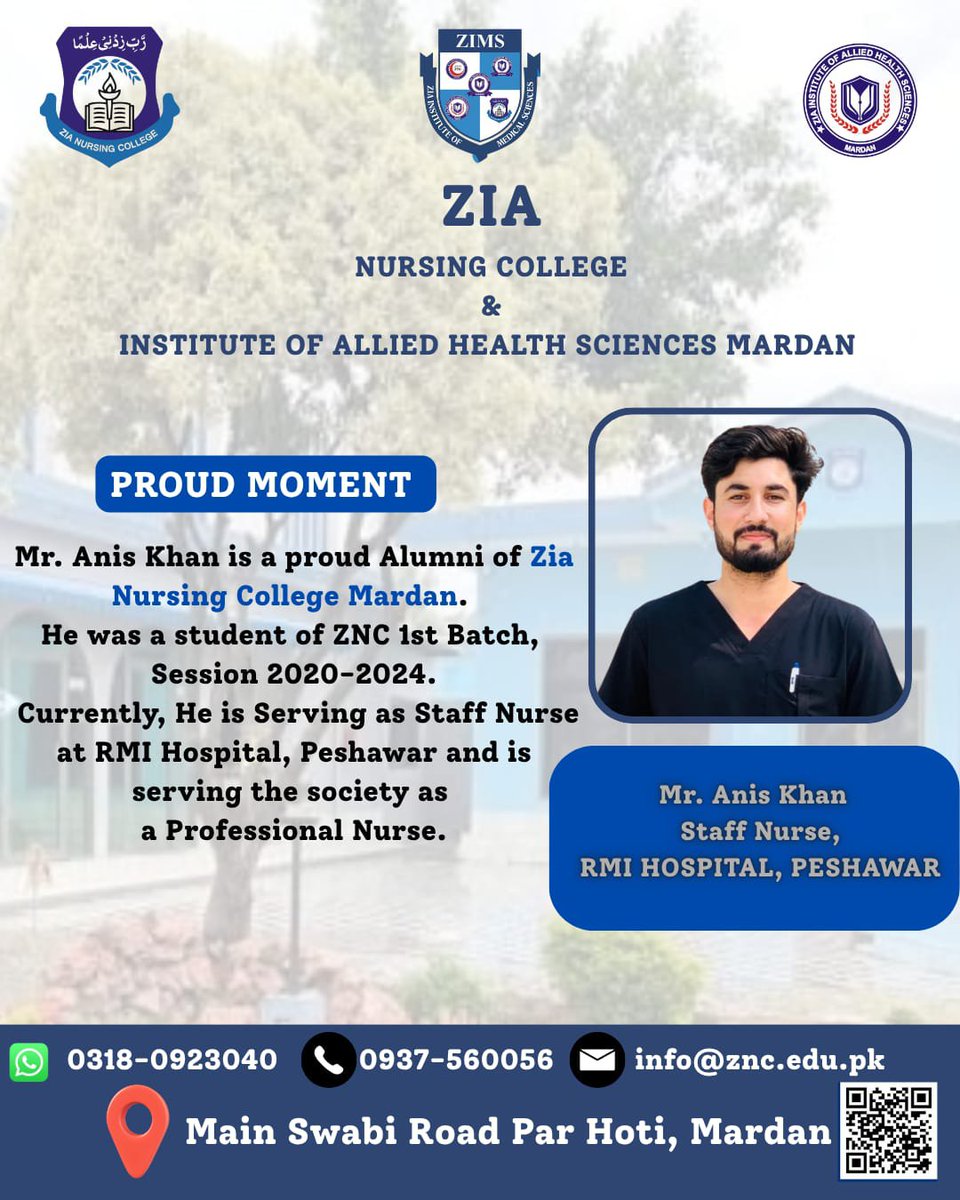 zimsedu's tweet photo. From ZNC’s 1st batch to the frontlines of care! 
Huge congratulations to alumnus Mr. Anis Khan, now serving as a Staff Nurse at RMI Hospital, Peshawar. Keep making us proud! 
 
Main Swabi Road Par Hoti, Mardan
📞 0318-0923040, 0937-560056
#ZiaNursingCollege #ProudAlumni #Mardan https://t.co/TU94TYArzj