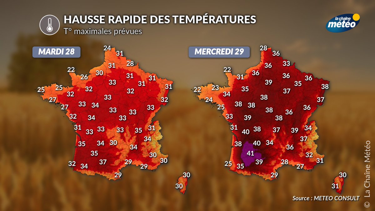 lachainemeteo's tweet photo. 🌡️Si les fortes #chaleurs sont d'actualité ce mardi, les très fortes chaleurs seront généralisées ce mercredi avec une hausse rapide des températures. On attend 35 à 42°C, ce qui est 15°C au-dessus des normales. Ce mercredi sera la journée la plus chaude de la semaine. #canicule https://t.co/qh5NcGD4tq