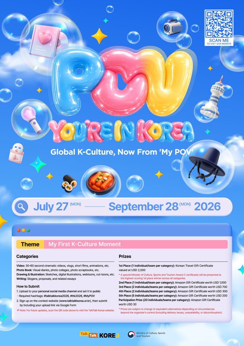 KCC_LA's tweet photo. The Ministry of Culture, Sports and Tourism of the Republic of Korea is pleased to announce Talk Talk Korea 2026, an international content contest open to participants from around the world. https://t.co/yCF9oSkmJs