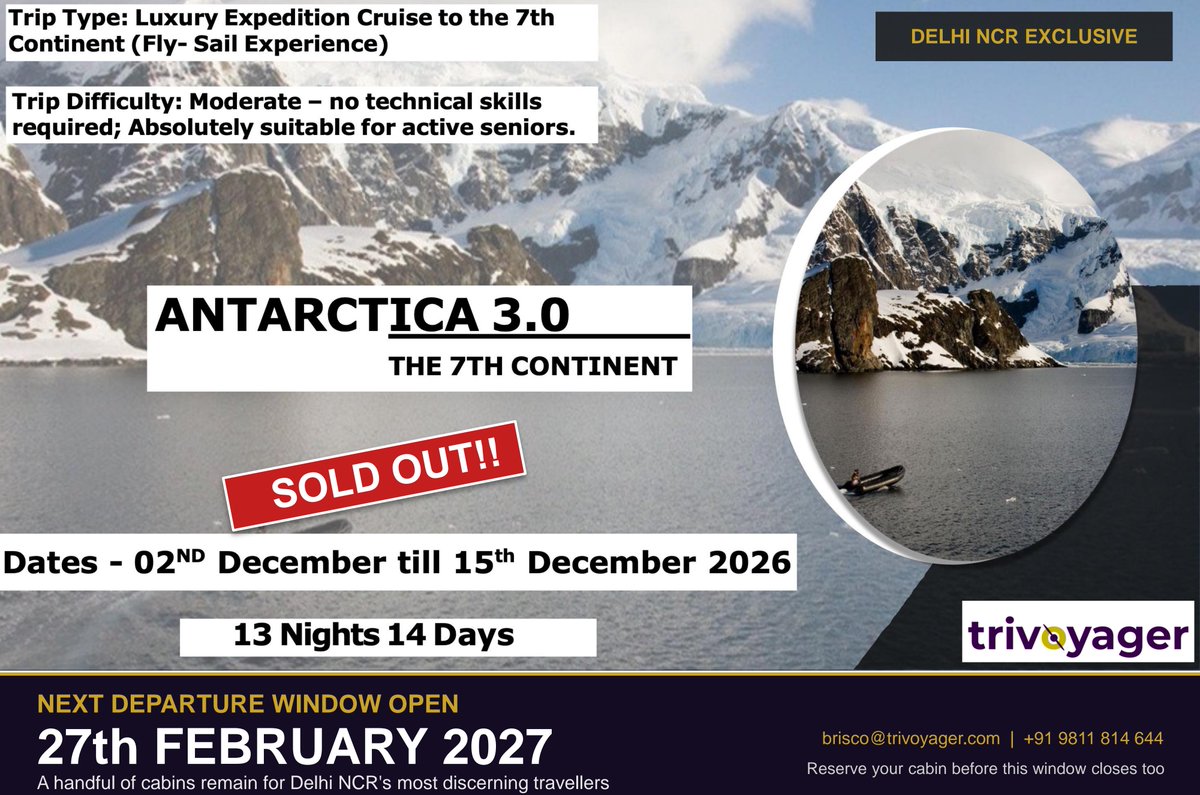 trivoyager's tweet photo. Antarctica 3.0 (December 2026) is now fully booked!

The adventure continues...
Next Departure: 27th February 2027

.
Reserve your cabin today before the next departure fills up!

• 📧info@trivoyager.com
.
#Trivoyager #Antarctica #AntarcticaExpedition #LuxuryTravel https://t.co/QR3Ygf0Zif