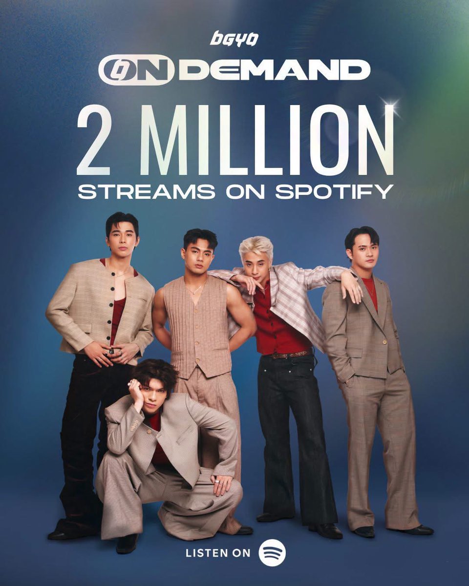 ABSCBNpr's tweet photo. LOOK: BGYO’s “On Demand” EP hits 2 million all-time streams on Spotify. 🎶

🎧 Keep streaming “On Demand”:
🔗 https://t.co/VmujIl389C

#BGYO #BGYO_OnDemandEP https://t.co/IO8EHdi4ae