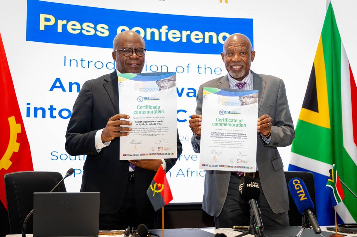 SADC_News's tweet photo. 𝗔𝗻𝗴𝗼𝗹𝗮𝗻 𝗞𝘄𝗮𝗻𝘇𝗮 𝗶𝗻𝘁𝗿𝗼𝗱𝘂𝗰𝗲𝗱 𝗶𝗻𝘁𝗼 𝘁𝗵𝗲 𝗦𝗔𝗗𝗖-𝗥𝗧𝗚𝗦 𝘀𝘆𝘀𝘁𝗲𝗺

In line with efforts to boost Southern African Development Community (SADC) trade and financial integration, Lesetja Kganyago, Governor of the South African Reserve Bank and Chairperson of the SADC Committee of Central Bank Governors (CCBG), and Manuel Tiago Dias, Governor of the Banco Nacional de Angola, on 27 July 2026 formally announced the introduction of the Angolan kwanza as a settlement currency in the SADC real-time gross settlement (SADC-RTGS) system.

The kwanza’s inclusion supports regional payments modernisation efforts and aligns with the Group of Twenty’s (G20) cross-border payment goals of reducing costs, increasing speed and improving efficiency in cross-border transactions. 

The Angolan kwanza is the second settlement currency to be introduced in the SADC-RTGS system, which has settled transactions exclusively in South African rand since its inception in 2013. There are currently 15 countries participating in the SADC-RTGS system.

By enabling direct settlement in kwanza, participants transacting in the currency can reduce foreign exchange conversion requirements, helping to lower transaction costs for participants and their customers. The intention is to onboard additional regional currencies, such as the Botswana Pula, in due course.

For more on the introduction of the Angola Kwanza on the SADC-RTGS read the full article on this link: https://t.co/osyL5HMIsz