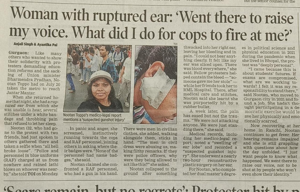 scribe_anjali's tweet photo. Woman with ruptured ear: 'Went to Jantar Mantar to raise my voice. What did I do for cops to fire at me?'

https://t.co/m8gbc9IcVT

#jantarmantardehli 
#ProtestAgain 
#education
#cjp https://t.co/OAGbdFG3Oi