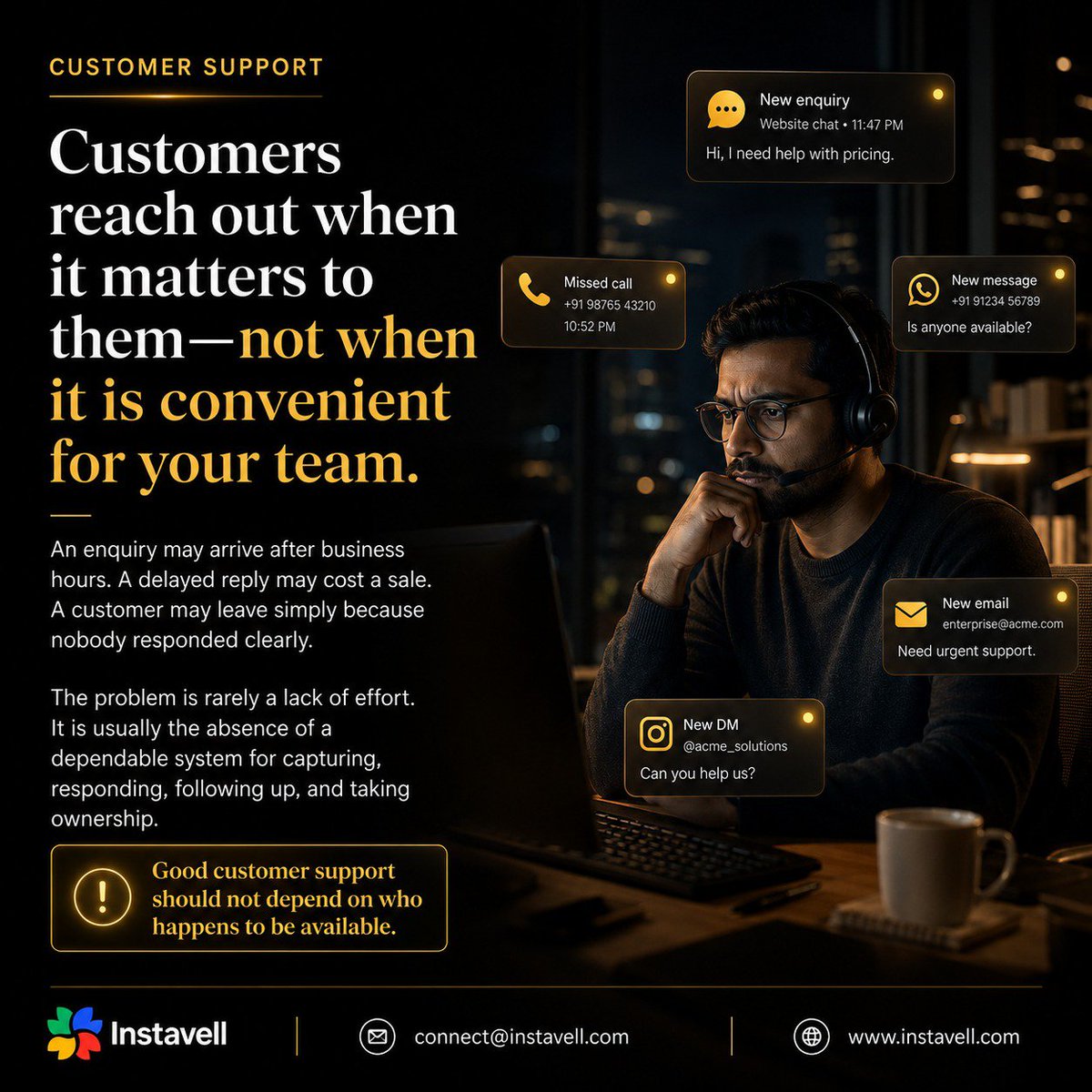 instavelltech's tweet photo. Customers reach out when it matters to them—not when it suits your schedule.

Instavell combines automation with human voice and chat support, with 24/7 coverage through an agreed model.

Faster responses. Connected handovers. Human support.

#Instavell #CustomerSupport https://t.co/mJzP8KMIa8