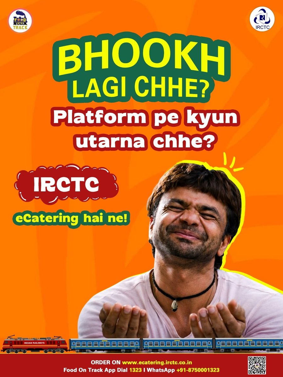 eCateringIRCTC's tweet photo. Inspired by a viral moment, made for every train traveller. 
If ""Bhookh Lagi Chhe?"" is your travel mood, IRCTC eCatering has the perfect answer. Order fresh meals from your favourite restaurants and get them delivered right to your coach. No queues, no compromises, just great food on track.

Order your meal with IRCTC e-Catering.
🌐 https://t.co/sj0NT7G2Cn
📲 Install #FoodOnTrack app
📞 Call 1323
📱 WhatsApp +91-8750001323