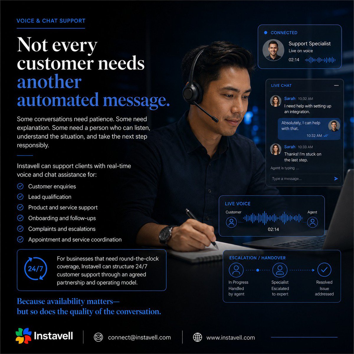 instavelltech's tweet photo. Customers reach out when it matters to them—not when it suits your schedule.

Instavell combines automation with human voice and chat support, with 24/7 coverage through an agreed model.

Faster responses. Connected handovers. Human support.

#Instavell #CustomerSupport https://t.co/mJzP8KMIa8