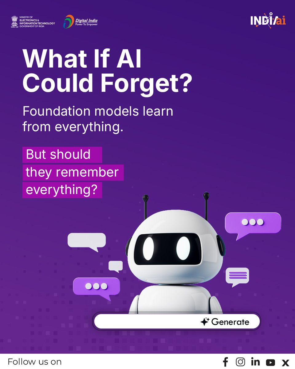 OfficialINDIAai's tweet photo. What if AI could forget what it shouldn't remember?

Shortlisted under the Safe & Trusted AI Pillar of the IndiaAI Mission, this project by @iitjodhpur is advancing machine unlearning techniques to help foundation models selectively remove biased, harmful, or personal information, making AI safer and more responsible.

#SafeAITrustedByAll #IndiaAI #ResponsibleAI #MachineUnlearning #FoundationModels

@AshwiniVaishnaw @JitinPrasada @PIB_India @SecretaryMEITY @sudeep_tweets @_DigitalIndia @mygovindia