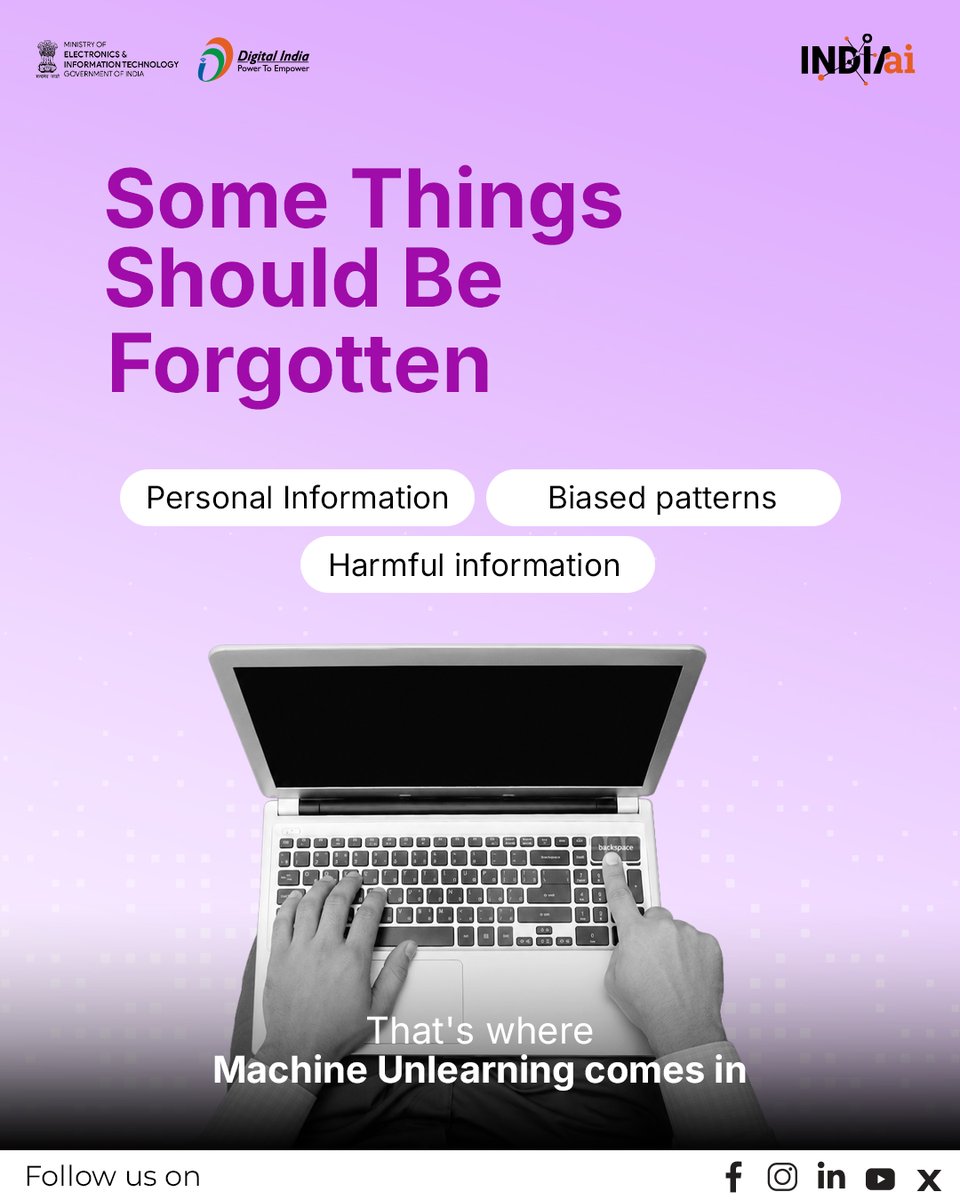 OfficialINDIAai's tweet photo. What if AI could forget what it shouldn't remember?

Shortlisted under the Safe & Trusted AI Pillar of the IndiaAI Mission, this project by @iitjodhpur is advancing machine unlearning techniques to help foundation models selectively remove biased, harmful, or personal information, making AI safer and more responsible.

#SafeAITrustedByAll #IndiaAI #ResponsibleAI #MachineUnlearning #FoundationModels

@AshwiniVaishnaw @JitinPrasada @PIB_India @SecretaryMEITY @sudeep_tweets @_DigitalIndia @mygovindia