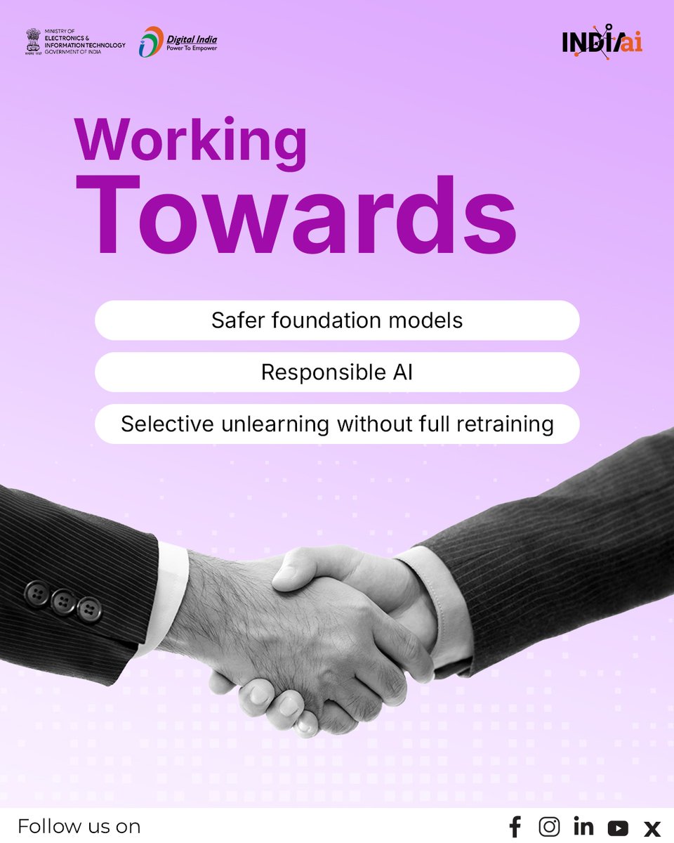 OfficialINDIAai's tweet photo. What if AI could forget what it shouldn't remember?

Shortlisted under the Safe & Trusted AI Pillar of the IndiaAI Mission, this project by @iitjodhpur is advancing machine unlearning techniques to help foundation models selectively remove biased, harmful, or personal information, making AI safer and more responsible.

#SafeAITrustedByAll #IndiaAI #ResponsibleAI #MachineUnlearning #FoundationModels

@AshwiniVaishnaw @JitinPrasada @PIB_India @SecretaryMEITY @sudeep_tweets @_DigitalIndia @mygovindia