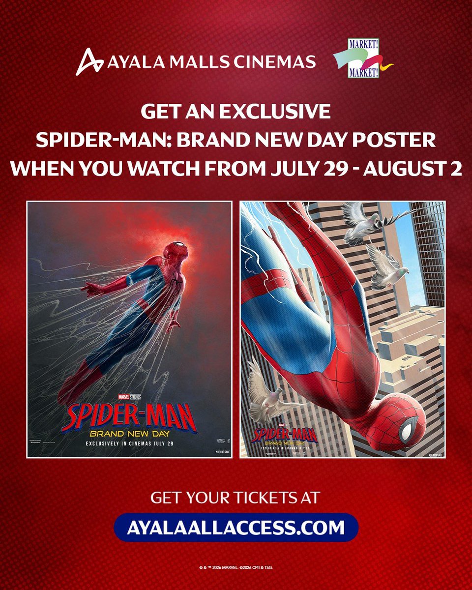 MarketMarketBGC's tweet photo. Want an exclusive Spider-Man: Brand New Day poster? 🤩🕷️
Score an exclusive Ayala Malls Cinemas poster when you watch from July 29 - Aug 2! 🎬✨
Until supplies last. Book your tickets now at https://t.co/Wsn2f0omy7
#AyalaMallsCinemas #SpidermanBrandNewDay https://t.co/CXw0Wg8MHP