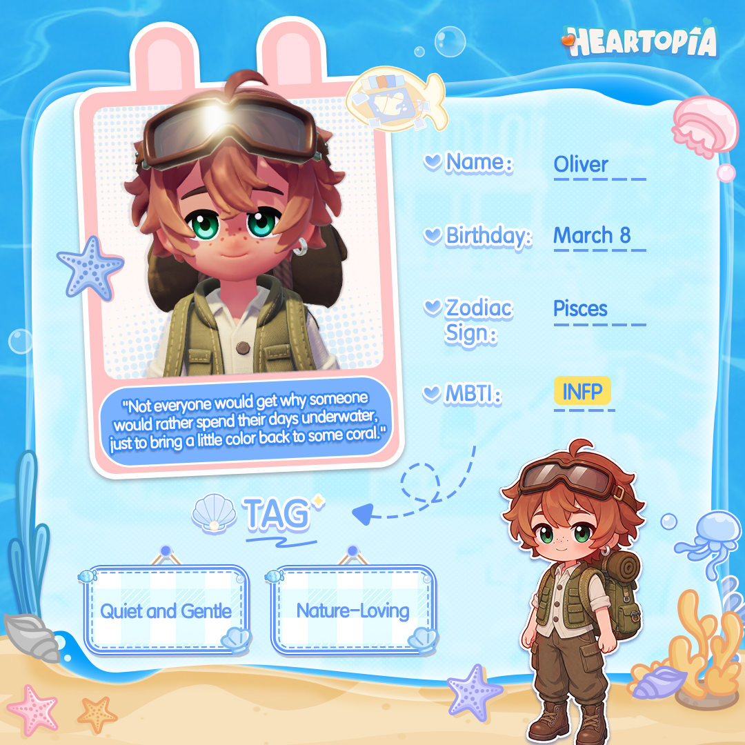 MyHeartopia's tweet photo. ✨Heartopia Profile: The Volunteer Leader Who Guards the Ocean 🐚

He appears as the leader of the "Marine Archaeology Team."
Easygoing and gentle, he somehow managed to stay in that role for quite a while. But because he gets nervous so easily, he sometimes freezes up, and that can make his little "mistakes" seem even bigger than they really are.
Maybe rather than being a leader in a field he has little passion for, finding something he truly wants to pursue is what would make his life feel more meaningful.
Fortunately, he found that purpose in protecting the environment.

"Not everyone would get why someone would rather spend their days underwater, just to bring a little color back to some coral." 🌊

#heartopia