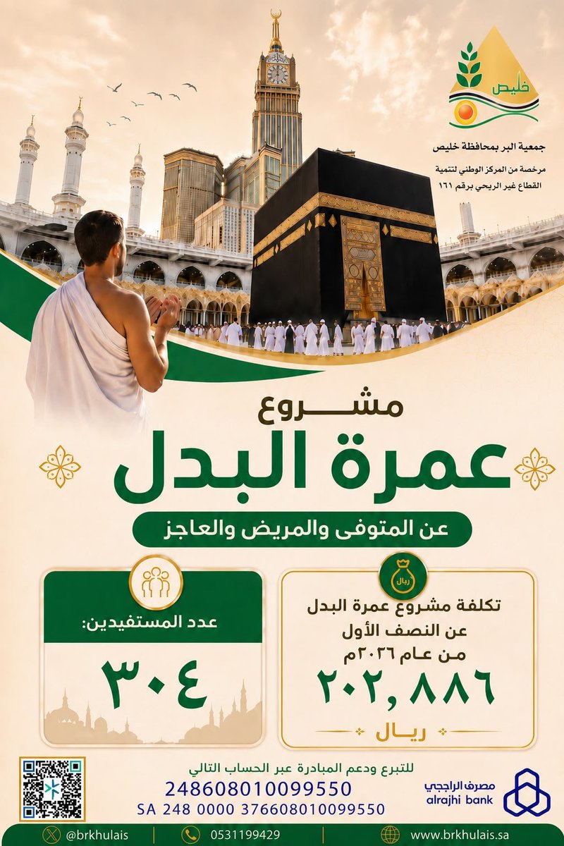 brkhulais's tweet photo. #من_برامج_برخليص خلال النصف الأول لعام ٢٠٢٦م 

#عمره_البدل " أن يقوم شخص بتأدية

 مناسك العمرة نيابة عن شخص آخر
 لا يستطيع أداءها بنفسه"

بلغت #تكلفة_البرنامج 202,886 ريال

  وشملت الخدمة 304 مستفيدآ https://t.co/vL8AhIrYEl
