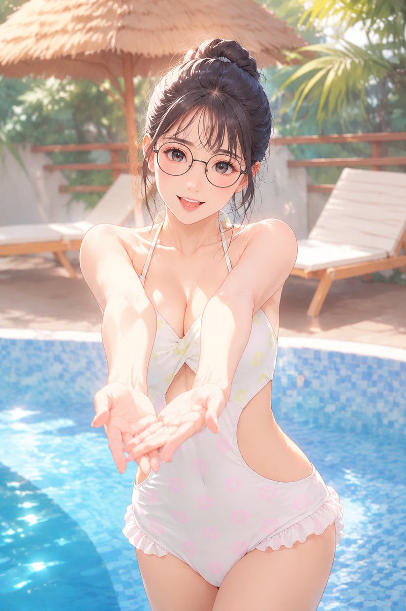 timchen10129071's tweet photo. 初夏に出会う☀️
お団子ヘア眼鏡っ娘、両手を差し伸べる
# オリジナルイラスト #眼鏡っ娘 #初夏イラスト
Meeting early summer
Bun hairstyle meganekko stretches hands toward you.
Floral one-piece swimsuit, poolside under thatched awning.
#AnimeWaifu #DigitalArt #EarlySummer #PoolVibes https://t.co/pc5e74nU1J