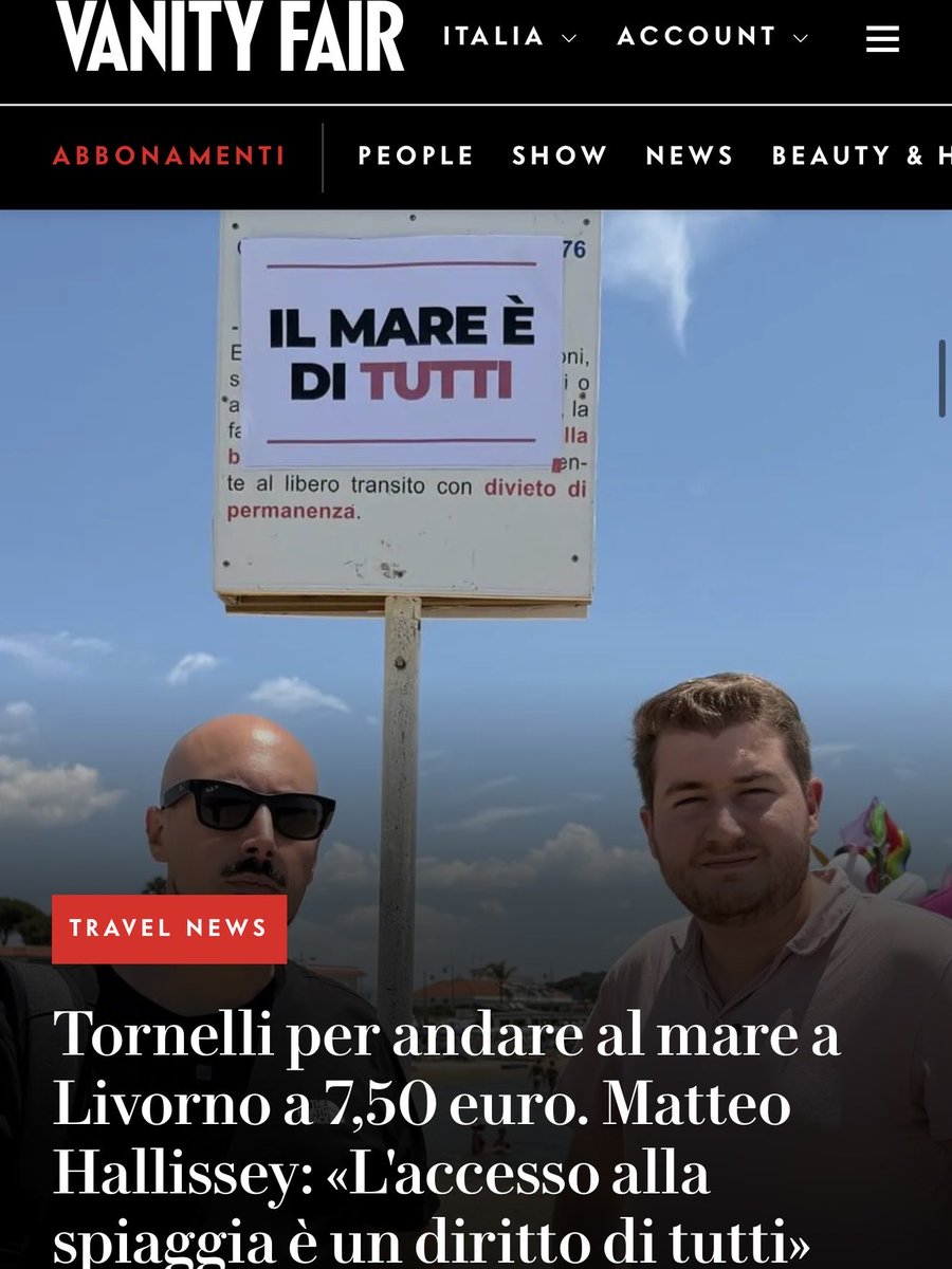 matteohallissey's tweet photo. Come funzionano questi tornelli?

«All’ingresso c’è un cartello che indica il costo: 7,50 € oppure 5 € per i bambini. Livorno è un caso particolare perché molti stabilimenti sono costituiti da piattaforme in cemento, ma anche in questo caso il diritto di raggiungere il mare deve essere garantito».

Che cosa chiedete alle istituzioni?

«Rivolgiamo un appello al sindaco di Livorno e al presidente della Regione Toscana affinché adottino un’ordinanza, come già avvenuto in Sicilia, per rimuovere i tornelli dagli stabilimenti balneari e garantire il libero accesso al mare. Nelle prossime settimane cercheremo anche un confronto diretto con il Comune e con la Regione».

Grazie a Carolina Saporiti per questa intervista che trovate completa su @VanityFairIt 

https://t.co/7Q7ks0hhoI
