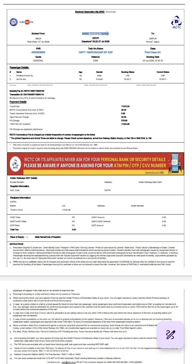 llokesh7's tweet photo. @RailMinIndia @AshwiniVaishnaw @drmkota In train12977 marusagar sf Express HA1 Compartment lot of safty issue like every ordinary peole visits like Bagers, other gender, other general compartment pessenger for toilets, pat animals etc. https://t.co/8oskLgMeRI