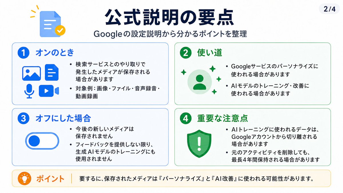 SakuyaAkiV's tweet photo. 【⚠️Google使ってる人は確認⚠️】

Google検索やレンズ、翻訳などで、給与明細や免許証の画像を使ったことがある人は特に注意！

保存された画像が、AIの学習や改善に使われる場合があります( °꒳°  )

7/30に利用規約が変わるメールが来ているので「30日までに確認」と思われがちですが、それとは別に「メディアを保存」の案内もGmailに届いているはず( °꒳°  )

こちらは7/30を待たず、すでに適用されている人もいるので、早めに確認してね！

設定方法は画像にまとめました👍