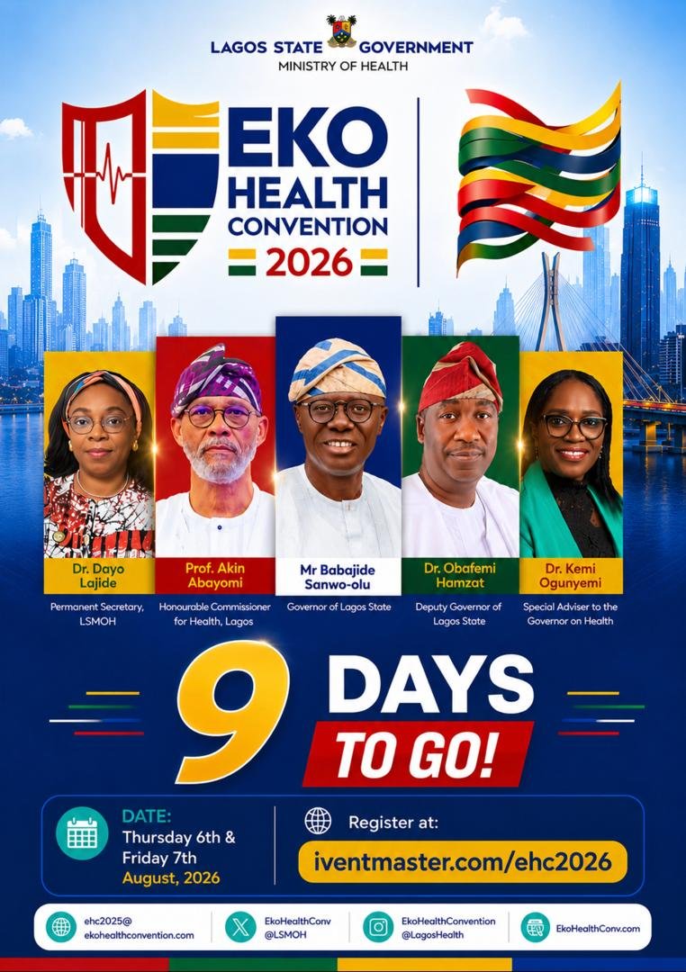 LSMOH's tweet photo. ⏳️9 DAYS TO GO!

Imagine a Lagos where quality healthcare is more accessible, more connected and more responsive.

That vision comes alive at the Eko Health Convention 2026.
Building a Healthier Lagos: Connecting Access with Excellence.

Join the conversation.

#EHC2026 https://t.co/2cRsCZBQ06