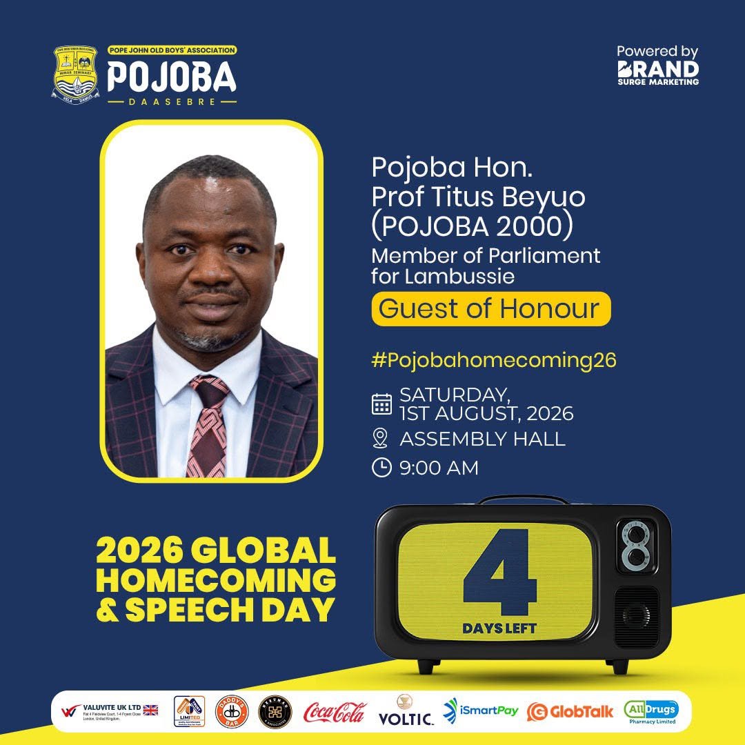 thepopeschool's tweet photo. Every countdown has a destination.
With Hon. Prof. Dr(Med) Titus Beyuo  (POJOBA 2000) MP for Lambussie and Board Chairman of Korle Bu Teaching Hospital joining us as Guest of Honour,this year’s celebration promises to be one for the books.
Only 4 days to go.
#PojobaHomecoming26 https://t.co/NxZtmKO8DY