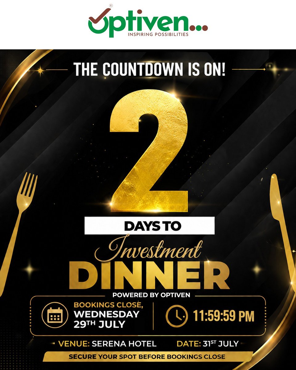 OptivenLimited's tweet photo. 𝗟𝗔𝗦𝗧 𝗪𝗘𝗘𝗞 𝗧𝗢 𝗥𝗘𝗦𝗘𝗥𝗩𝗘 𝗬𝗢𝗨𝗥 𝗦𝗘𝗔𝗧!

The countdown is on for the Optiven Investment Dinner—an exclusive evening created for people who are ready to connect, learn and explore meaningful investment opportunities.

An evening of elegance, inspiration, and meaningful connections awaits!

You are warmly invited to the Investment Dinner powered by Optiven, hosted by Dr. George Wachiuri, CEO of Optiven Group, with the incredible Churchill as our event host.

We are also honoured to have the gifted Dr. Sarah K, special gospel artist, joining us for a beautiful evening of uplifting music, inspiration, and celebration.

Let’s dine, connect, worship through music, and open doors to new possibilities.

Register here>>https://t.co/V1mR1QqgAo

For Bookings and Enquiries, Call 0790 300 300