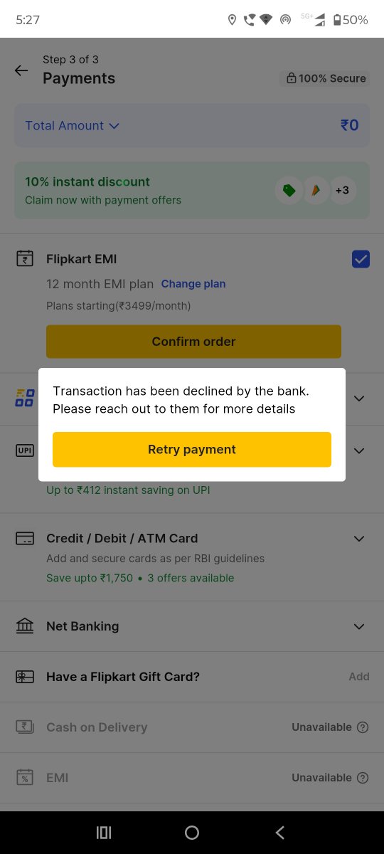 Umesh_nagar_'s tweet photo. @IDFCFIRSTBank  Hello , I have flipkart emi account (partnered with you) with 90,000? pre approved limit but when I am confirming for payment the error 'bank rejected the payment' occurs. I earlier purchased products from the same option without any issue. https://t.co/7DRuCLVFjP