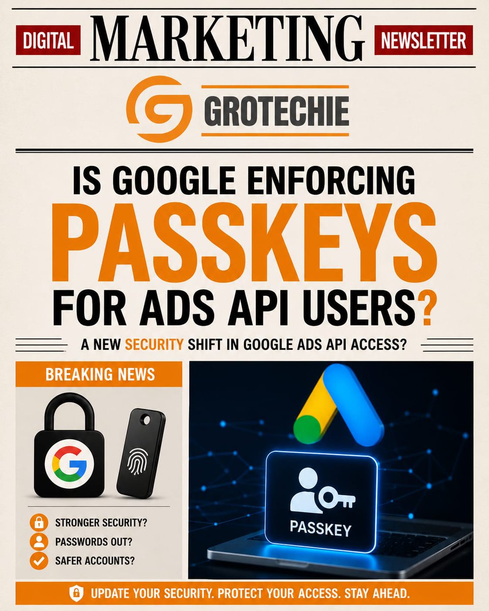 grotechie's tweet photo. Google is tightening security for Ads API users.

Could passkeys become the new standard for authentication? 

If you use the Google Ads API, now's the time to review your account security and prepare for upcoming changes.

#GoogleAds #GoogleAdsAPI #Passkeys #CyberSecurity https://t.co/fDT9rBRHaT